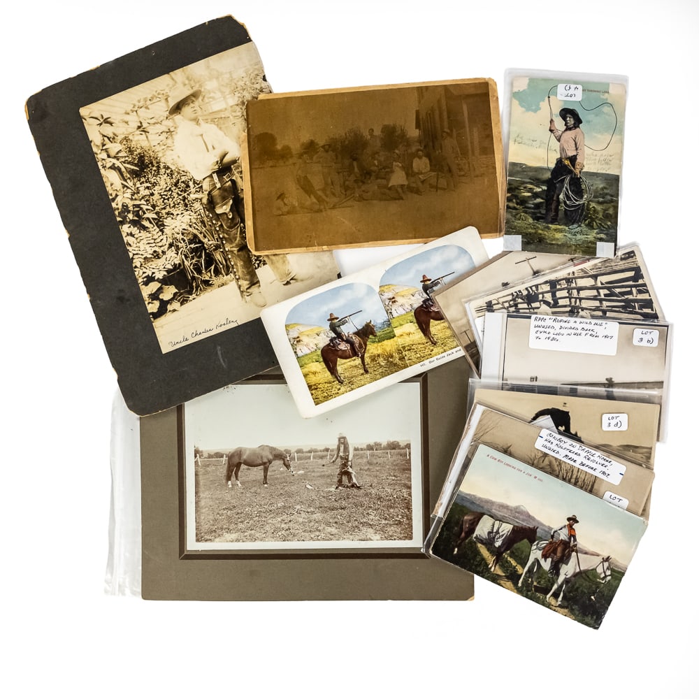 11pc Antique Cowboy & Bronco Buster Photos/RPPC: This remarkable collection of eleven historic images features two primary thematic groups: the "Bronco Busters" and "Armed Cowboys," dating from the late 1890s through the 1920s. The identifying