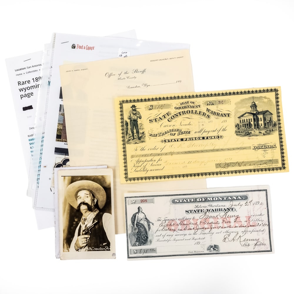 Old West Lawmen & Outlaw Document Group: This evocative assembly of Western Americana centers on an exceptionally rare, unused 1890s letterhead from the Office of the Sheriff in Uinta County, Wyoming. The stationery features the names of