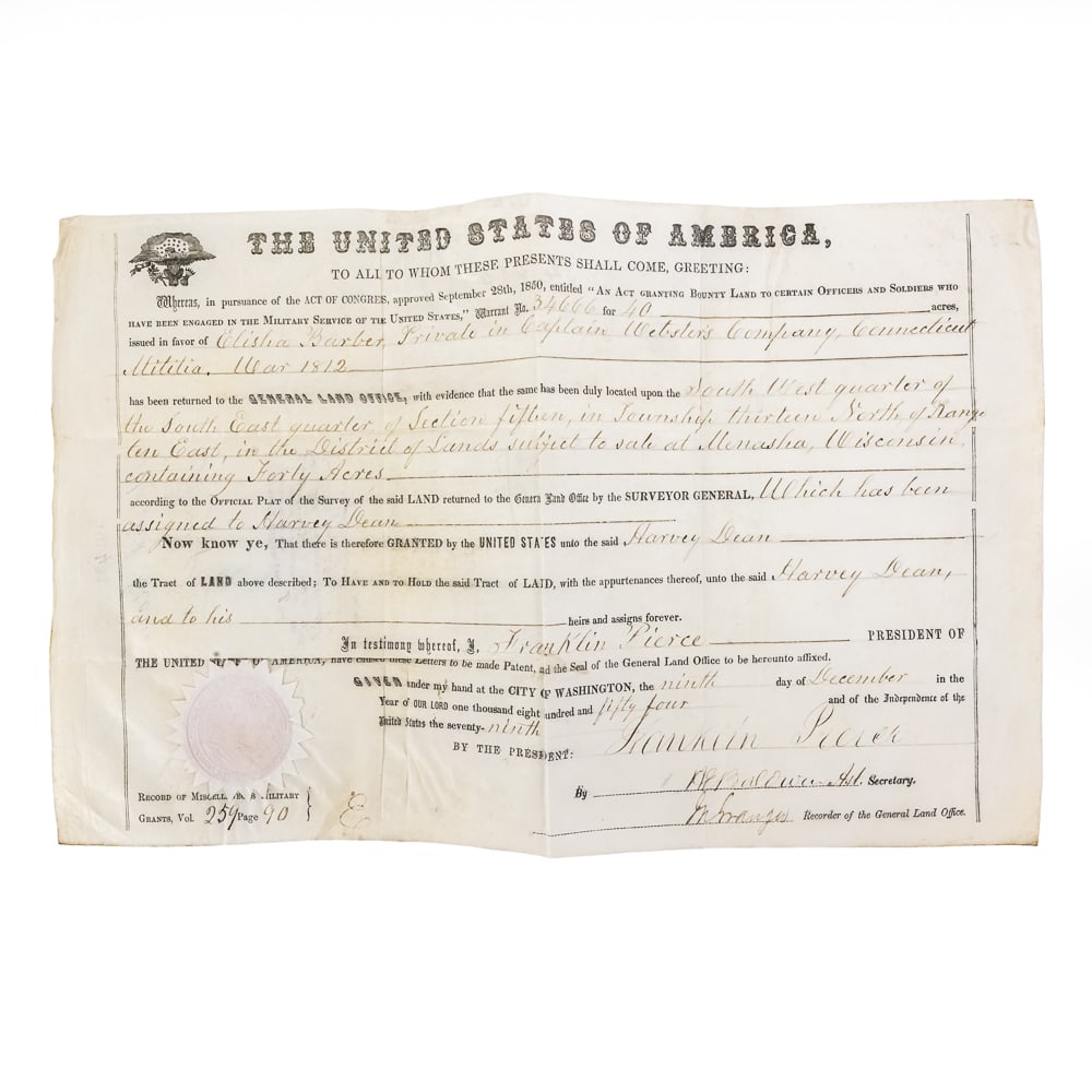 1854 Franklin Pierce Land Grant Menasha, Wisconsin: This is a significant mid-19th-century American historical document, an 1854 Presidential Land Grant for 40 acres in Menasha, Wisconsin. Issued under the administration of President Franklin Pierce,