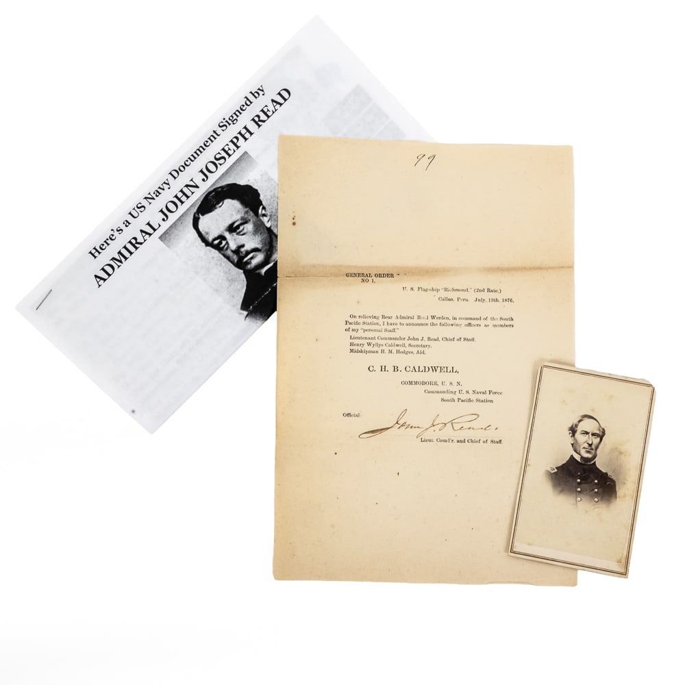 1876 US Navy Signed Order & Farragut CDV: This lot represents a significant grouping of post-Civil War naval ephemera, headlined by an original 1876 General Order No. 1. Hand-signed by John Joseph Read in his capacity as Lieutenant Commander