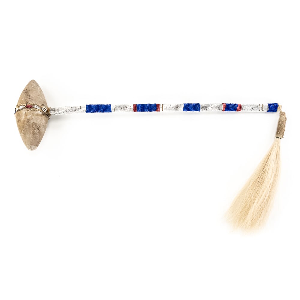 Beaded Native American Stone War Club: This classic Plains-style war club features a bi-pointed stone head expertly secured to a wooden handle with a hide wrap. The handle is adorned with intricate "lazy stitch" seed beadwork in a patrioti