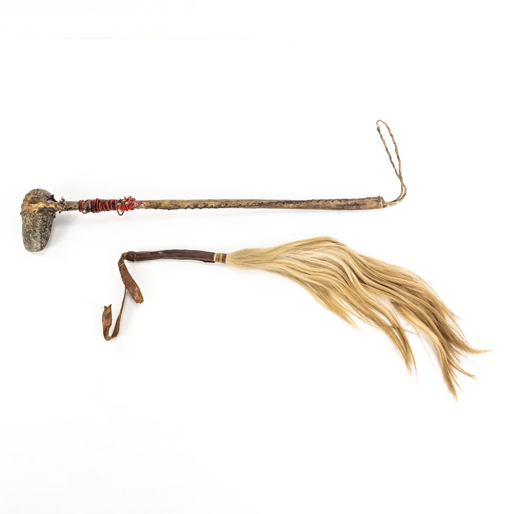 Native American Style Stone War Club & Whisk: This unique pair of ethnographic pieces showcases the rugged, functional artistry of Plains-style craftsmanship. The war club features a heavy, dark, igneous stone head secured to a wooden shaft with
