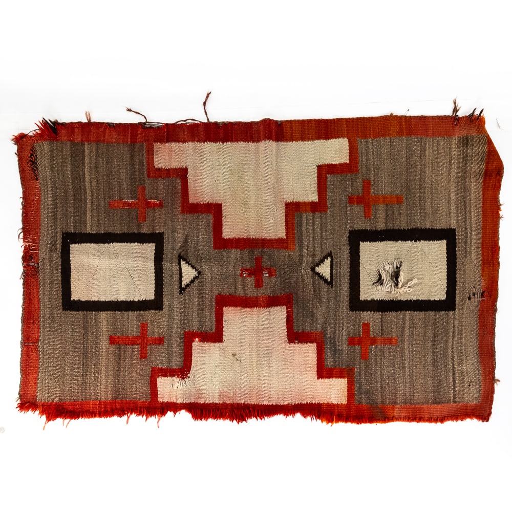 Antique Native American Navajo Rug: This striking hand-woven Navajo wool rug showcases an eye-catching, regional geometric design characteristic of early-to-mid 20th-century textiles, likely reflecting Hubbell Revival or Ganado