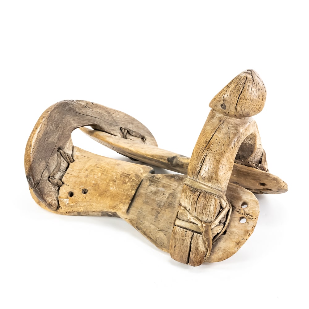 Antique Primitive Wooden Pack Saddle: This authentic primitive pack saddle is a remarkable piece of folk-art utility, likely originating from the 19th or early 20th century for use on a donkey or small mule. Hand-carved from solid