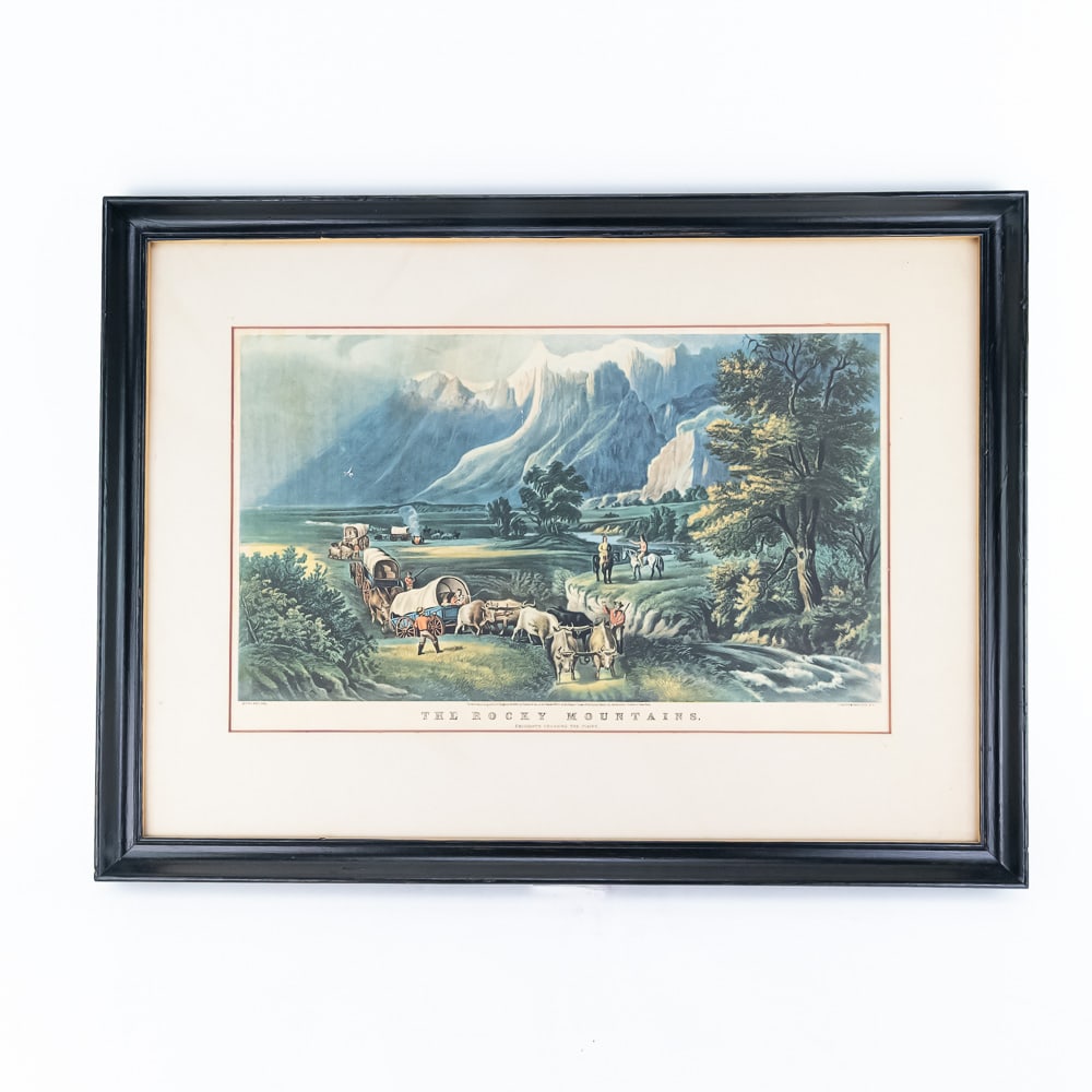 Currier & Ives "Rocky Mountains" Print Framed: This is a beautiful example of a Currier & Ives lithograph titled "The Rocky Mountains: Emigrants Crossing the Plains." This piece of Americana captures the spirit of Westward Expansion and is a