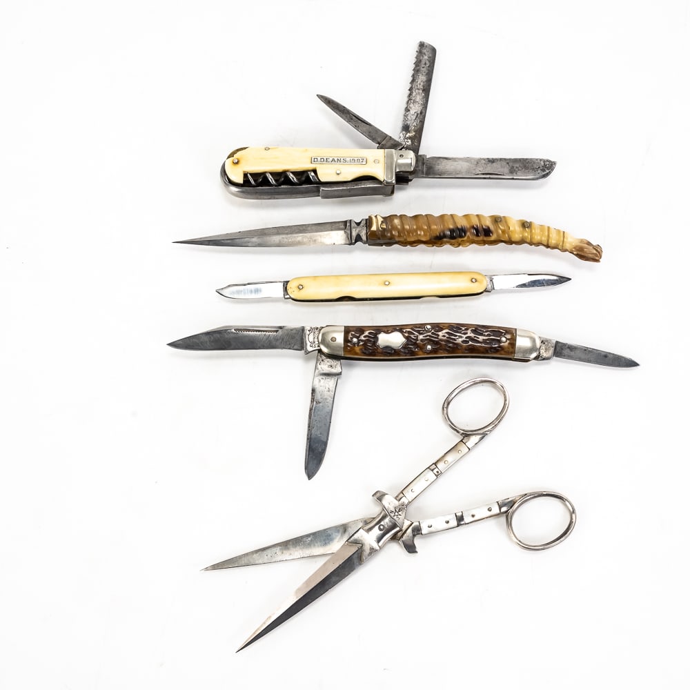 5 Frontier Era & Western Cutlery Pieces: This exceptional collector's assembly features five unique pieces of vintage and antique pocket cutlery and specialty shears, evocative of the rugged utility and personal items carried during the