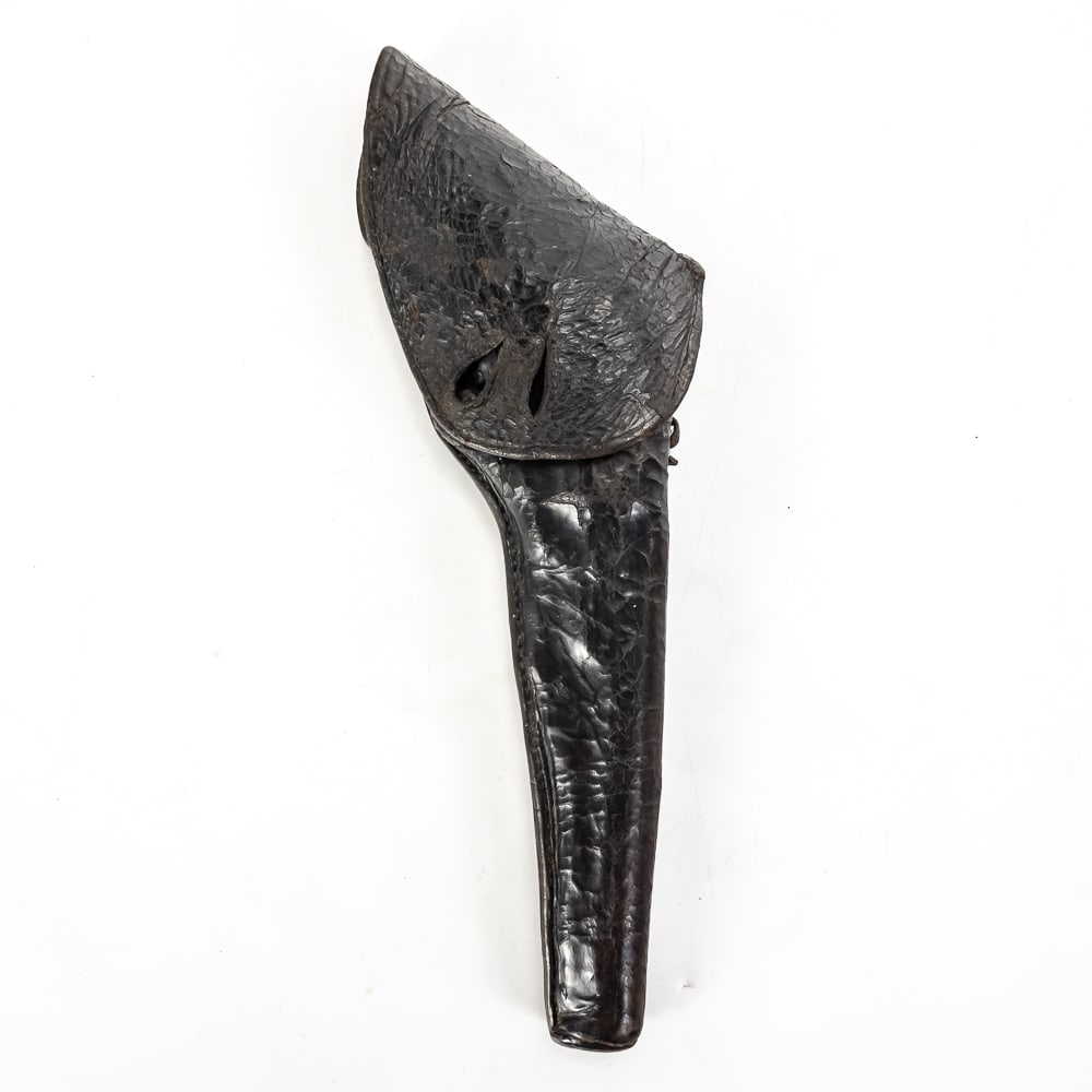 19th C. Frontier Slim Jim Leather Holster: This 19th-century "Slim Jim" or California-style holster is a classic piece of frontier-era leatherwork, likely designed for a medium-frame percussion or early cartridge revolver. Constructed from hea
