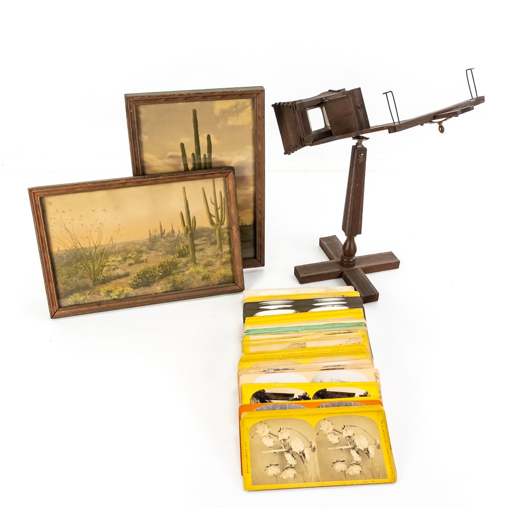Antique Stereoview Cards & Viewer Lot: This expansive collection features approximately 85 antique stereoview cards spanning the late 19th and early 20th centuries, divided into 17 distinct groups, alongside a classic wooden stereoscope