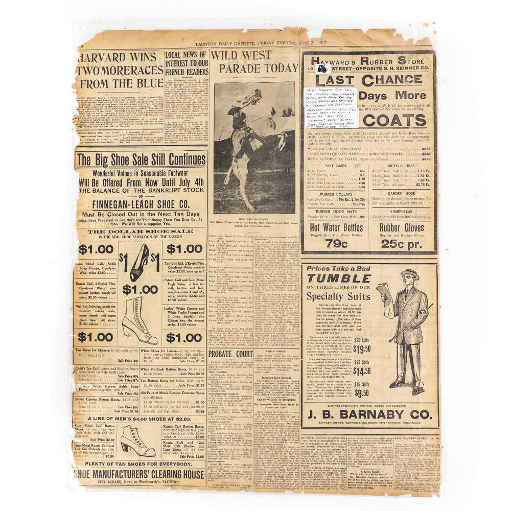 1912 Taunton Daily Gazette Wild West: An original June 21, 1912, Friday evening edition of the Taunton Daily Gazette from Massachusetts, this newsprint page is a stellar example of early 20th-century show promotion. The visual highlight