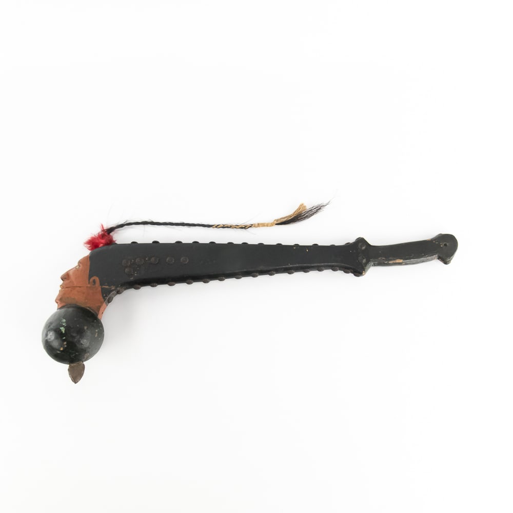 Mid-Century Folk Art Ball Head Club: This carved wooden ball head club is a striking mid-20th-century folk art interpretation of traditional 18th-century Woodlands indigenous weaponry. The piece features a hand-painted face in a deep