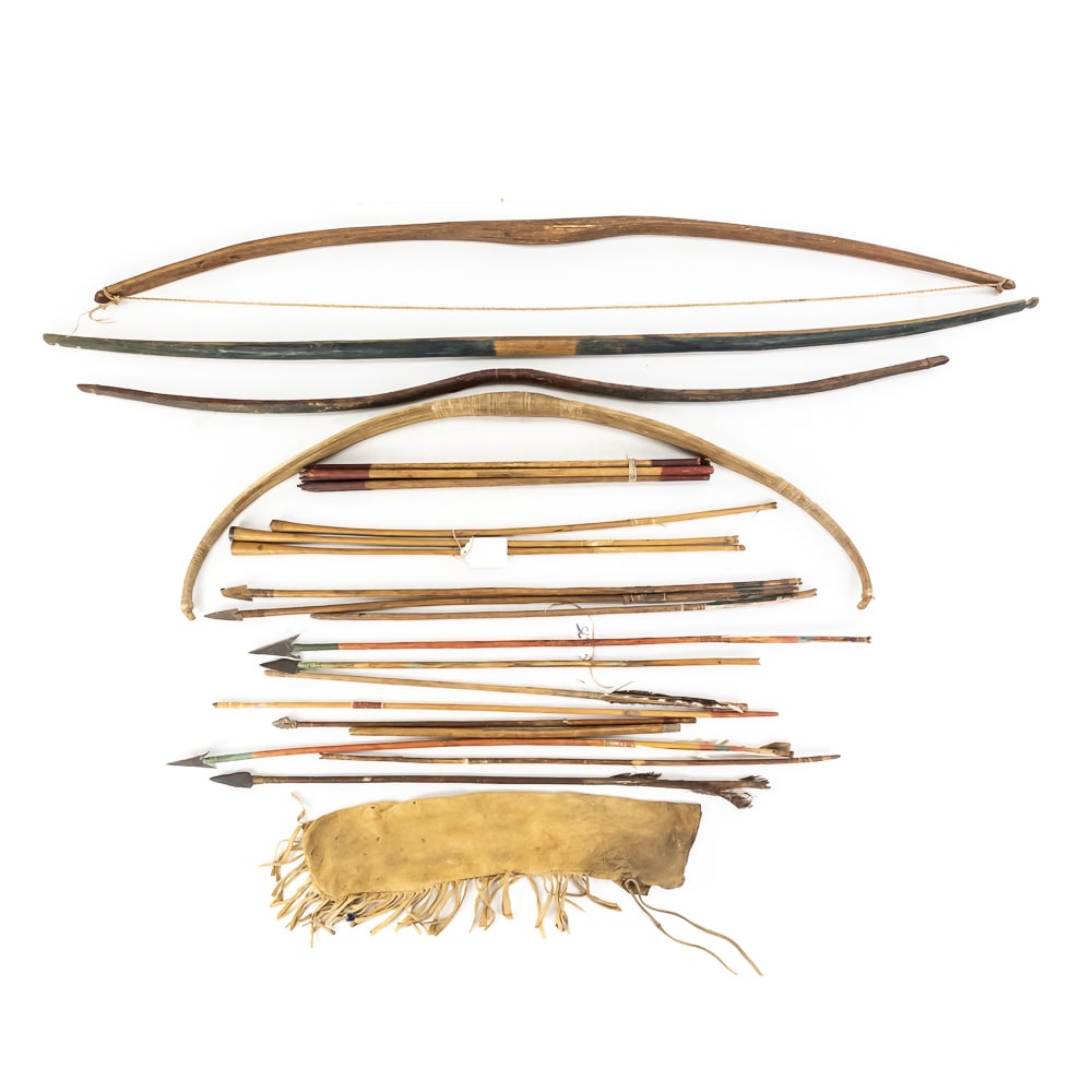 19th C Lakota (Sioux) Archery Group – Dakota Terr.: A professionally assembled ethnographic collection of Native American archery implements, primarily Lakota (Teton Sioux), dating to the late 19th century. This group represents a diverse survey of Nor