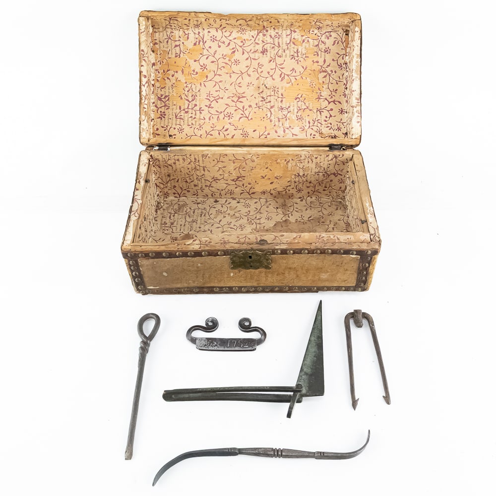HB Hudson's Bay Quebec 1782 Fire Steel Lot: This exceptional lot features an early 19th-century dome-top document box measuring 14.5 inches wide by 9" deep by approximately 7" tall, alongside an extraordinarily significant, hand-forged iron
