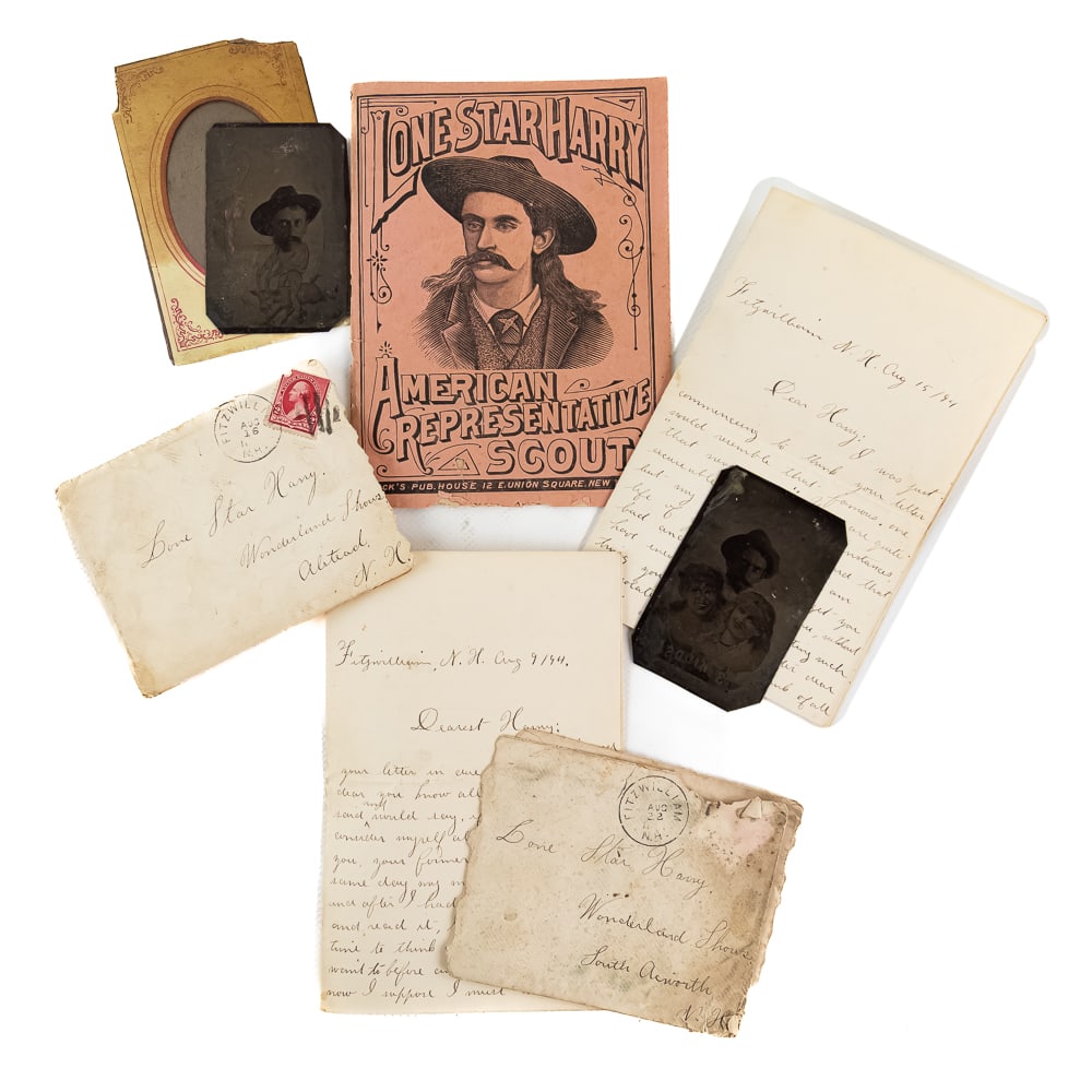 1890s Lone Star Harry Ephemera & Tintypes: A captivating collection of late-19th-century Wild West show ephemera centering on "Lone Star Harry" (b. ca. 1855), an American cowboy, U.S. Army scout under General George Crook, and premier