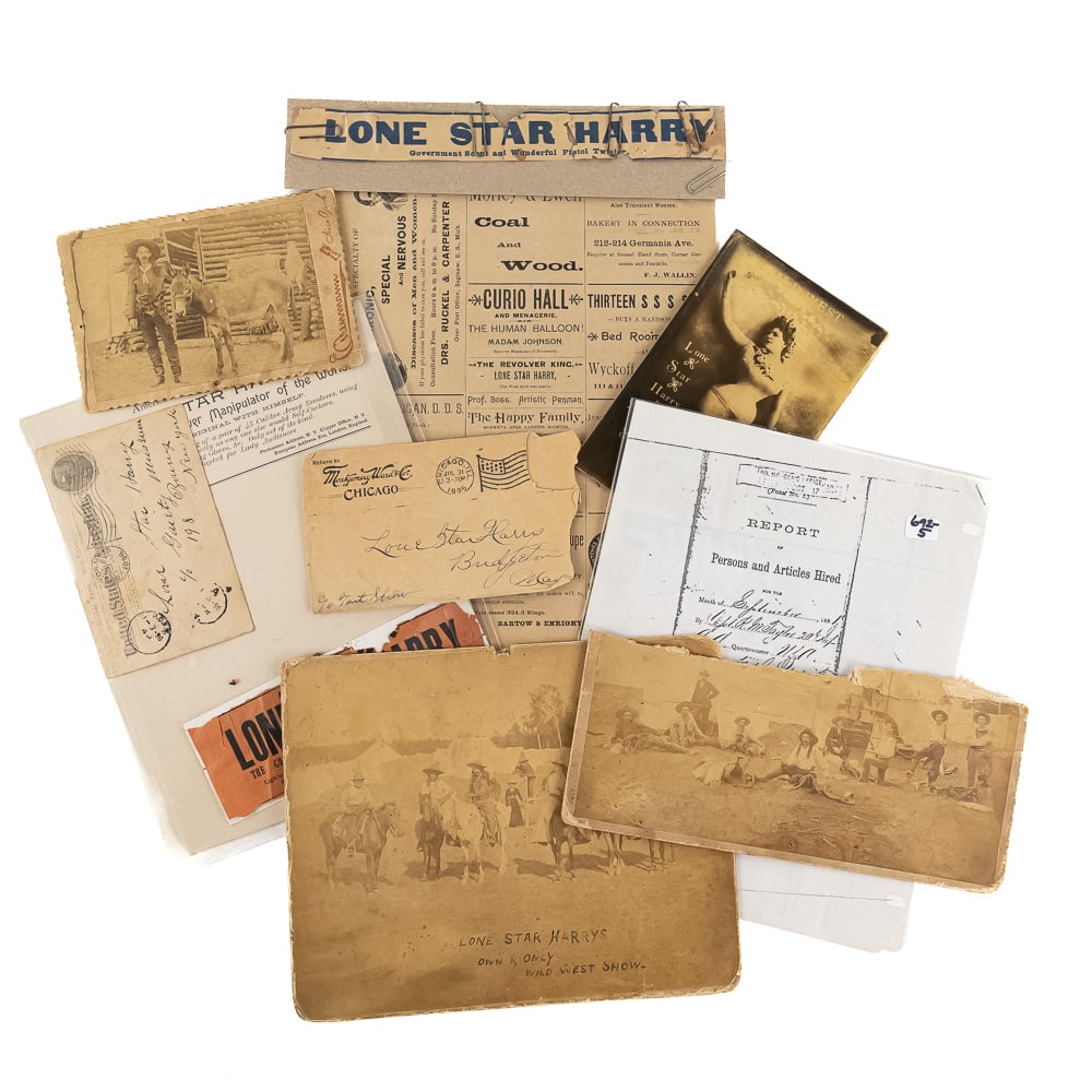 1890s Lone Star Harry Wild West Ephemera: This extraordinary, museum-grade archive documents the remarkable career of "Lone Star Harry" (b. ca. 1855), a quintessential late 19th-century American cowboy, U.S. Army scout, and premier Wild West