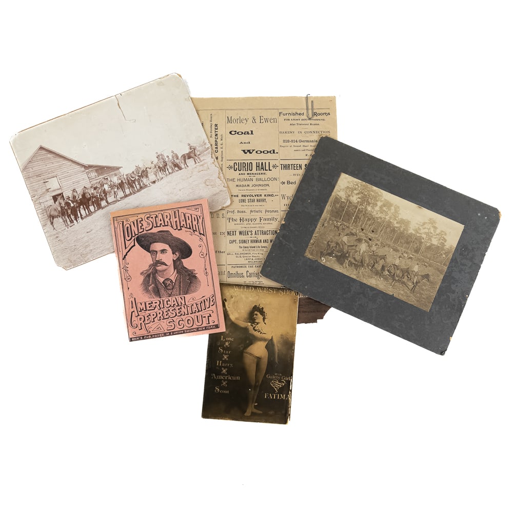 Late 19th C. Lone Star Harry Ephemera Lot: Step back into the heyday of the American frontier with this remarkable, historically significant ephemera lot centered around "Lone Star Harry" (born ca. 1855), the legendary U.S. Army scout,