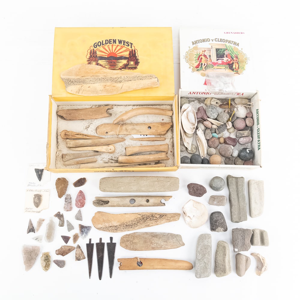 Native American Stone, Bone & Metal Artifact Coll.: A remarkable, diverse assortment of Native American artifacts and lithics spanning multiple prehistoric and historic eras. The collection features approximately 18 worked bone implements, including