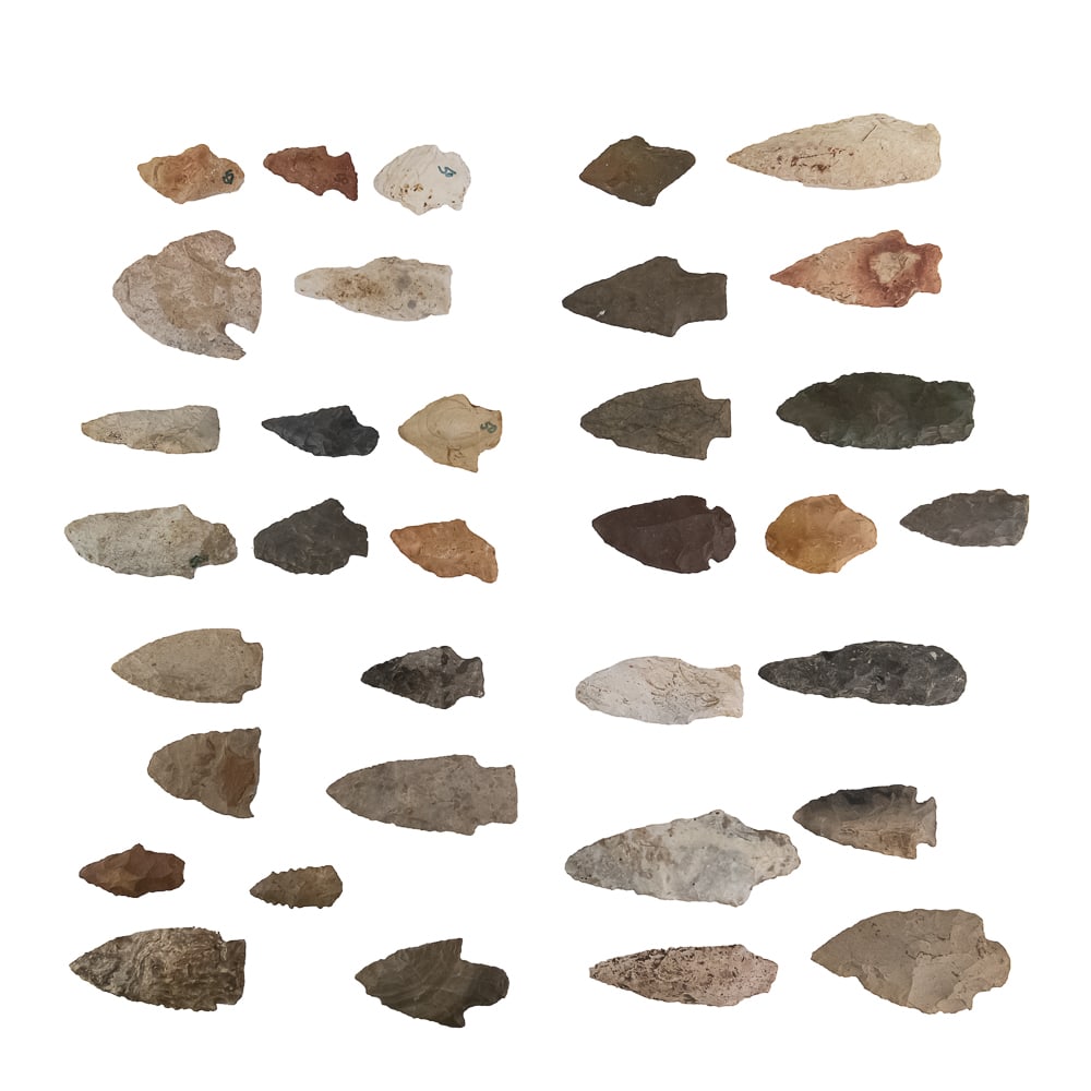 Indigenous Projectile Point Collection (34): A comprehensive assemblage of thirty-four Native American projectile points, primarily from the Archaic to Woodland periods, presented in four red-lined Riker mounts. This collection showcases a