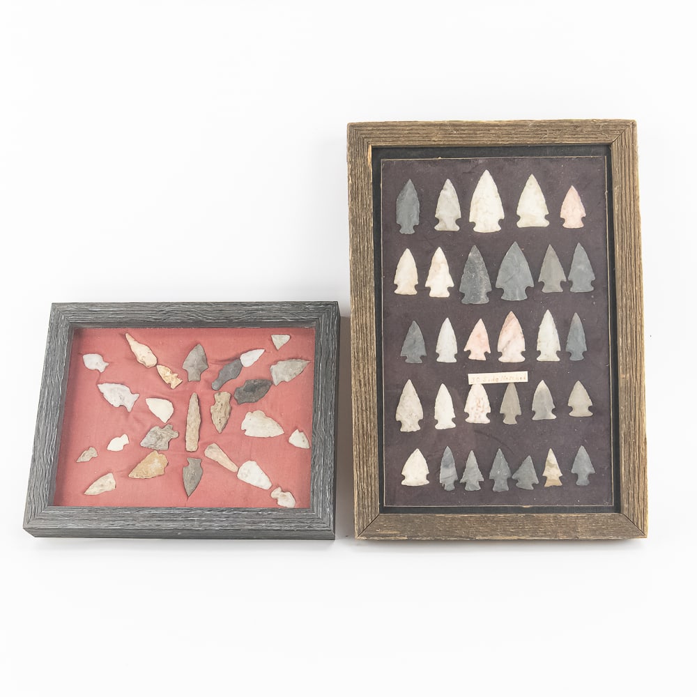 Framed Native American Arrowheads 2 Display Cases: These two framed collections represent a broad cross-section of North American lithic technology, primarily from the Archaic to Woodland periods. The vertical rustic wood frame holds 30 "Side
