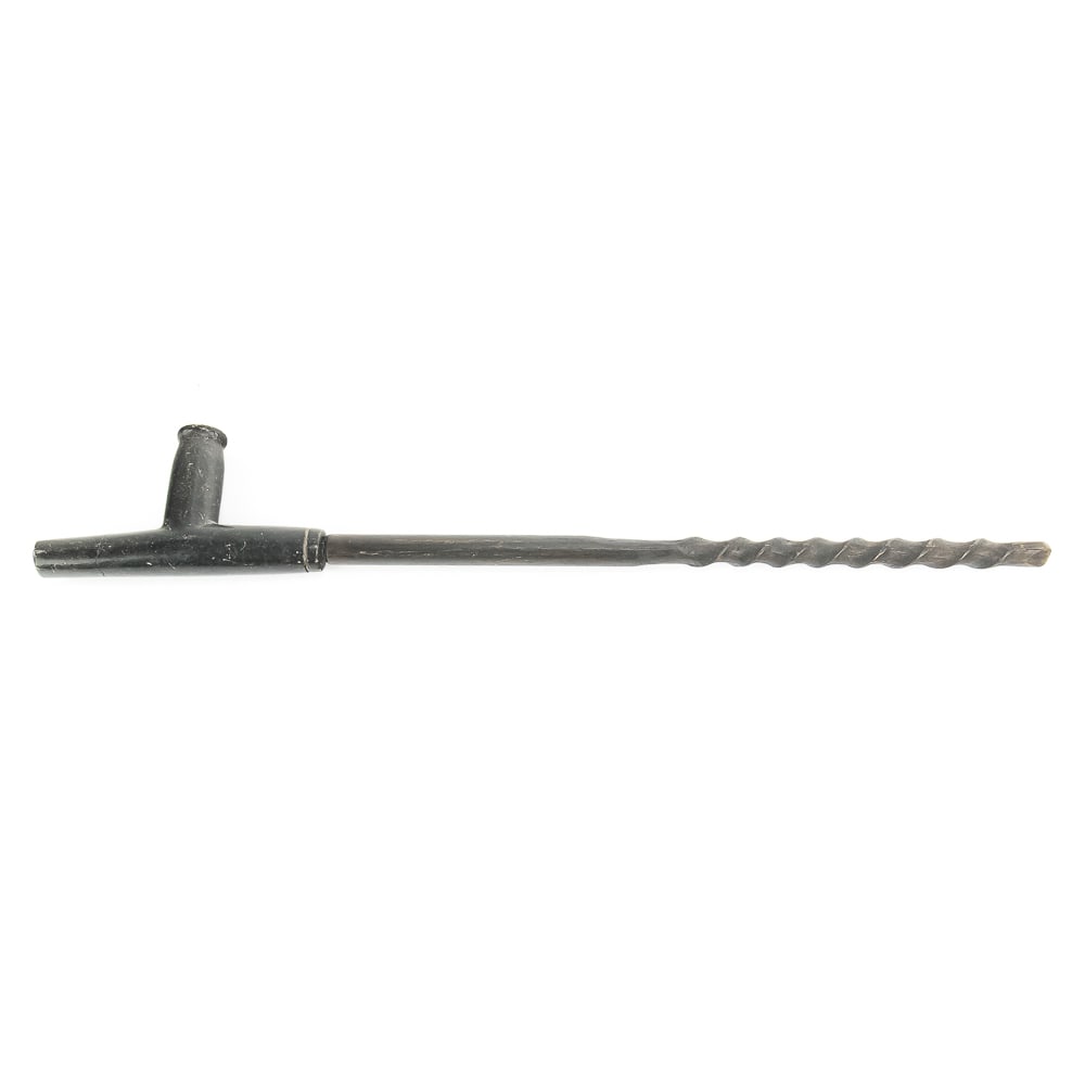 Vintage Native American Pipestone Pipe: This Native American peace pipe features a hand-carved wooden stem with a twisted spiral motif paired with a T-shaped black pipestone bowl, likely crafted from steatite or darkened catlinite. Dating