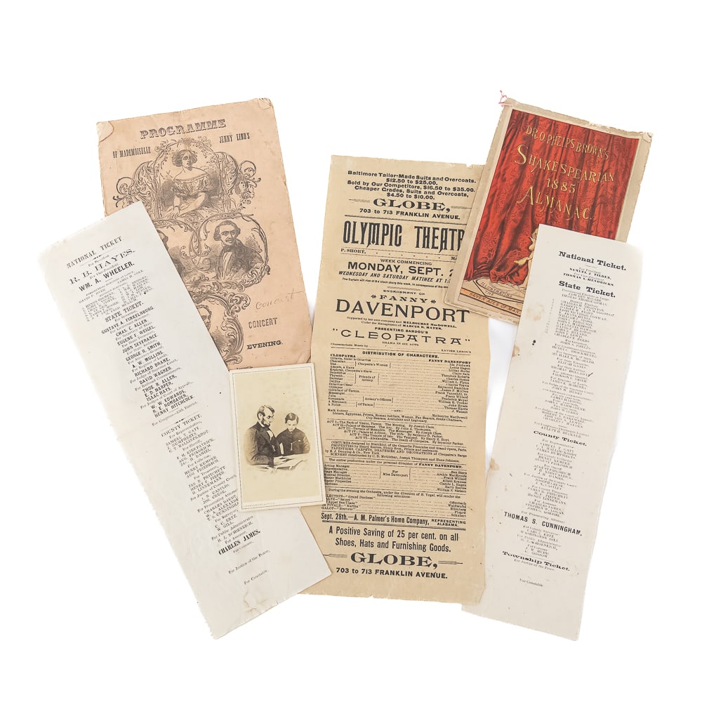 19th C. Ephemera & Theatre, 1876 Pres. Ballot: This fascinating six-piece collection of 19th-century paper ephemera features a "Grand Concert" program for Mademoiselle Jenny Lind, a 1885 Dr. O. Phelps Brown's Shakespearian Almanac (printed for