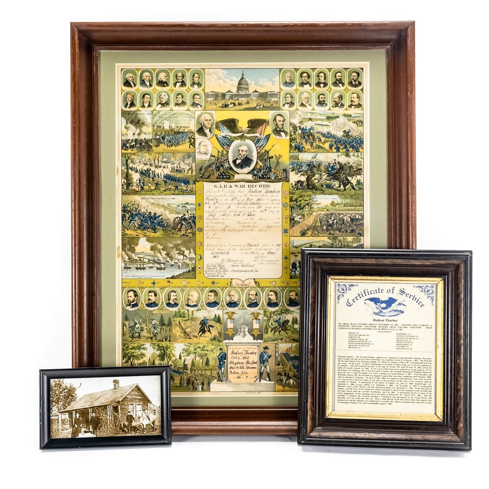 Hudson Thurber Civil War Service Lot 16th Wisco: This premier historical archive belongs to Hudson "Hud" Thurber (1842–1928), a dedicated veteran of the 16th Wisconsin Volunteer Infantry, sourced directly from his descendants. The centerpiece