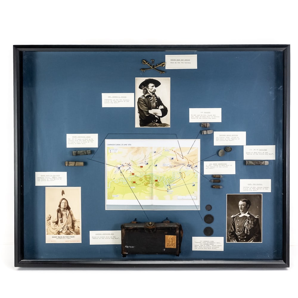 Battle of the Little Bighorn Dug Relics Display: This home-museum quality shadowbox commemorates the 1876 "Campaign Climax" at the Little Bighorn, featuring an 1872 pattern leather cartridge box with an internal canvas-loop Hagner-style insert,