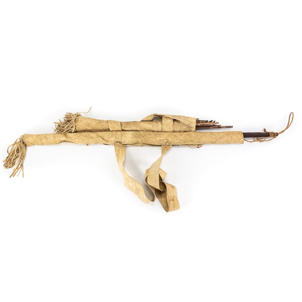 Native American Style Bow, Quiver & Arrows: This is a compelling traditional archery set, featuring a handcrafted wooden longbow with a deep reddish-brown finish, accompanied by a fringed buckskin quiver and seven distinct arrows. The arrows