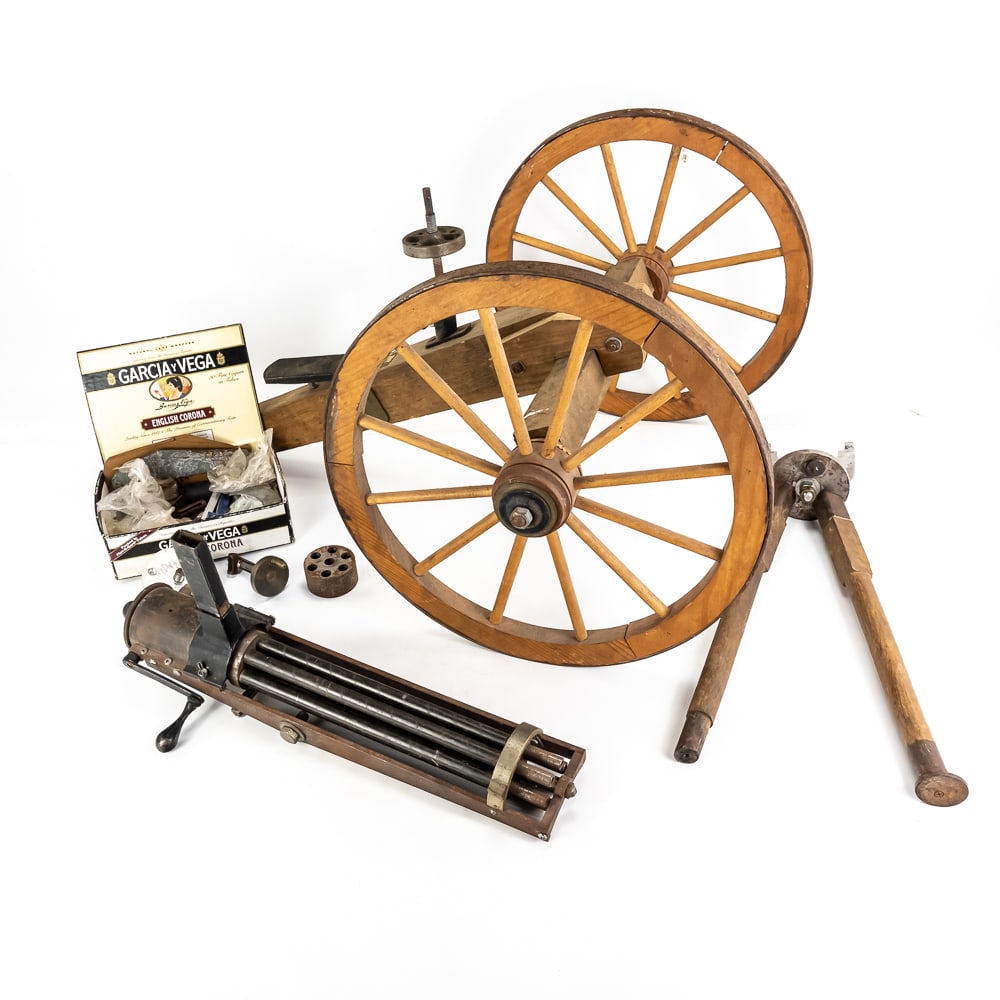1/2 Scale .32 Caliber Gatling Gun: Extremely rare and hard to find 1/2 Scale reproduction of Gatling Gun chambered in .32 caliber using sleeves and gravity feed. This Gatling Gun was made by the late Jim Bucci, a gunsmith/Machinist