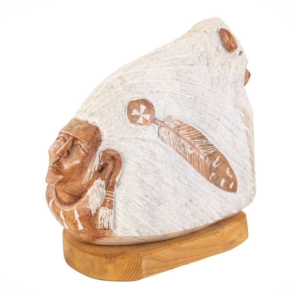 Indian Carved Stone Sculpture Signed "HKEITH": This is a magnificent example of contemporary Native American-inspired sculpture, beautifully executed in what appears to be Carved Alabaster or Soapstone and contrasting carved wood elements by