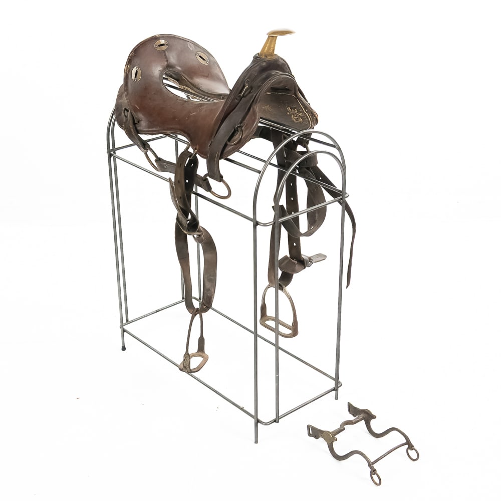 Rare US M1913 McClellan Mule Saddle & M1892 Bit: This is a rare US Model 1913 Mule Riding Saddle, a specialized McClellan variant modified by the Quartermaster Department for army pack train packers. It features the distinctive metal horn attached