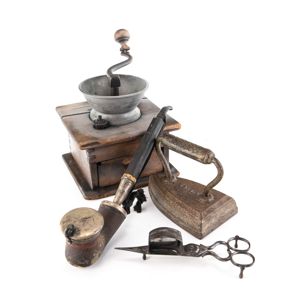 Antique Norwegian Pipe Tamper & Home Goods: This is a fascinating collection of late 19th-century and early 20th-century items, centered around a truly unique presentation pipe accoutrement. The main inscribed item, featuring a ceremonial pipe