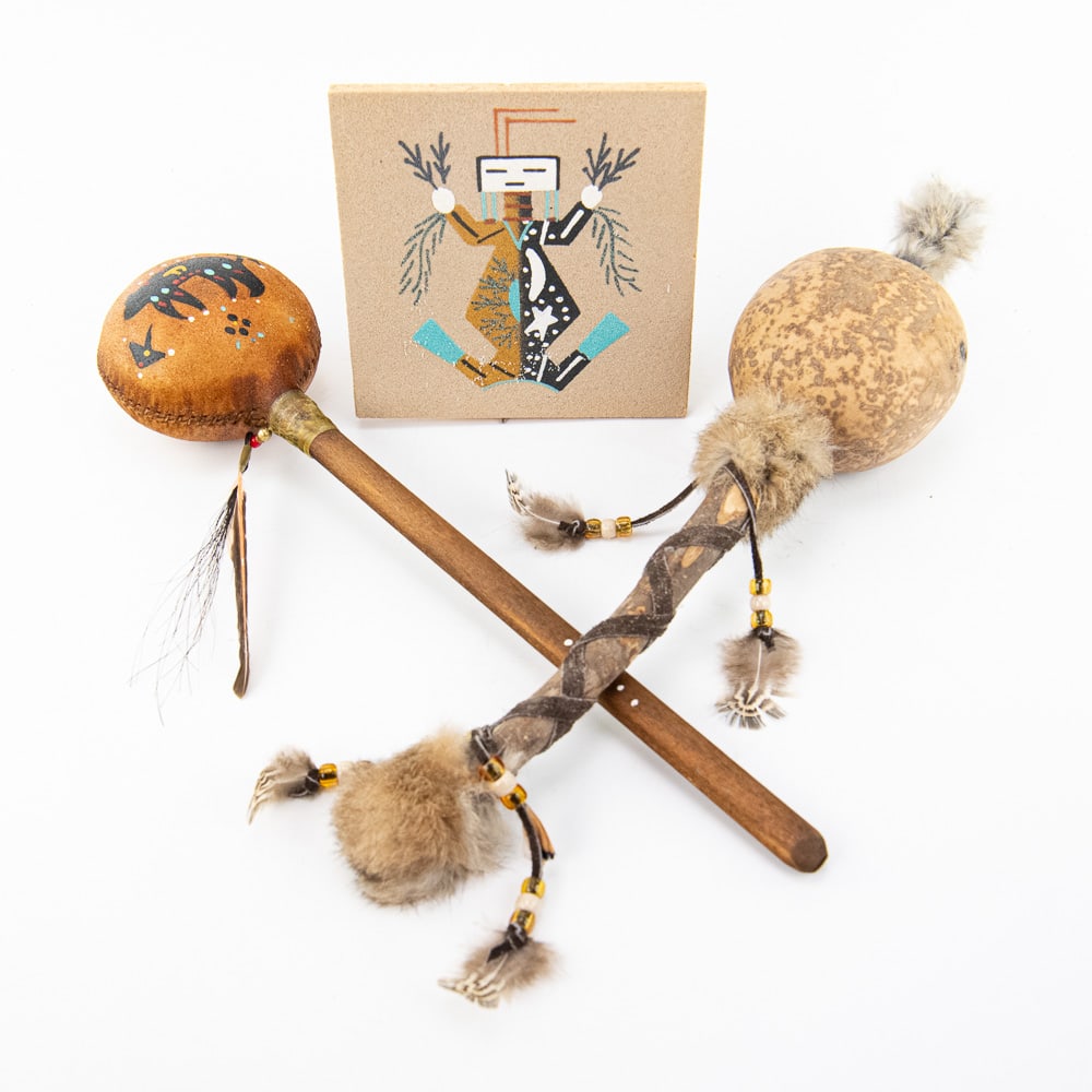 Native American Rattles (2) & Sand Painting: An interesting collection of contemporary Southwestern ceremonial and decorative items, dating mid to late 20th century. The centerpiece is a pair of handcrafted rattles, a traditional instrument