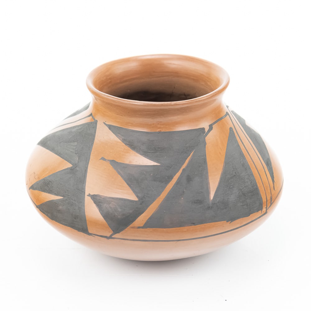 Southwestern Black-on-Red Pottery Jar: This appears to be a handsome example of Native American Pueblo pottery, from the Southwest United States, exhibiting the classic black-on-red polychrome style on a rounded olla or storage/utility