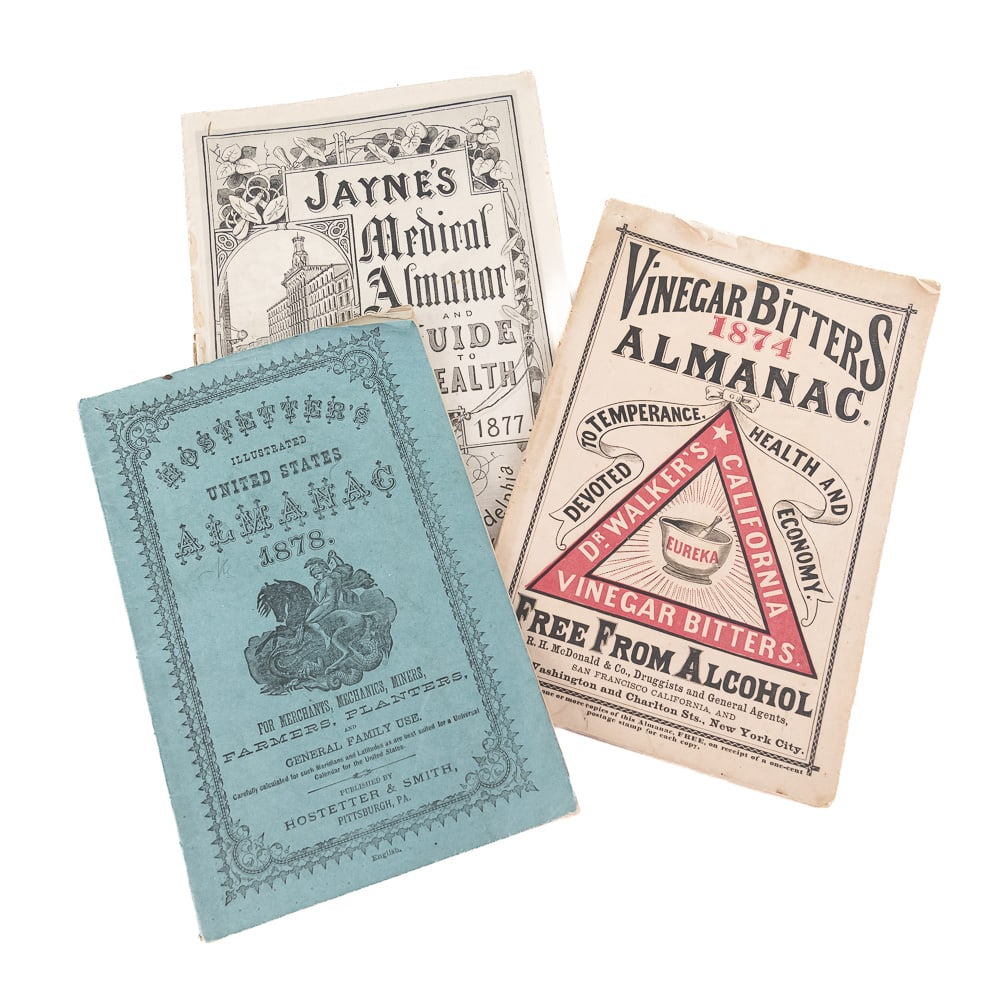 19th Century Almanac Lot (3 Pcs): This is an excellent lot of three mid-to-late 19th-century patent medicine and business almanacs and advertising booklets, highly representative of the American proprietary remedies era. Included