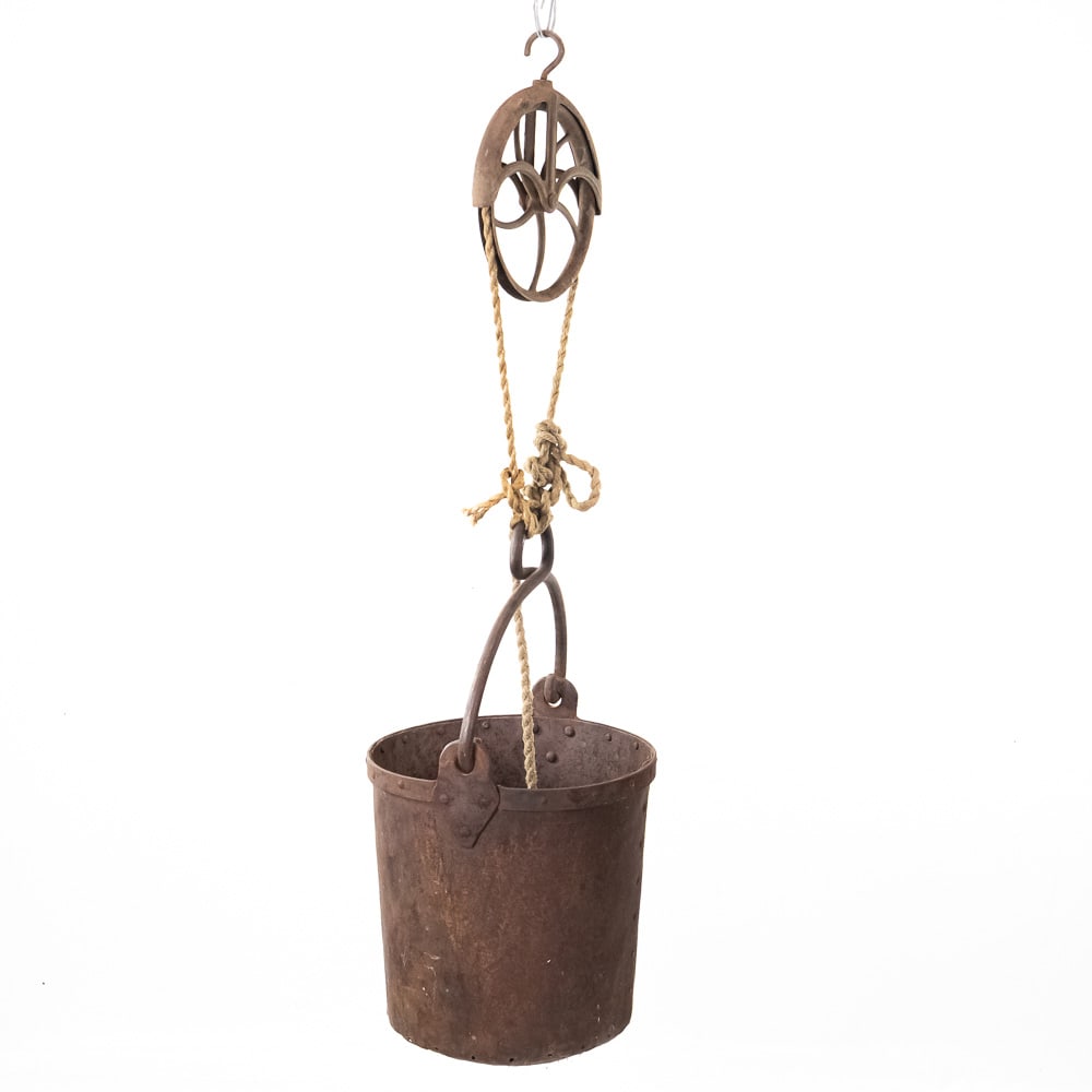 Ore Bucket and Hoist Pulley: Note: Pickup/Transport required. Contacts available post auction.This is a fantastic, heavy-duty example of an industrial-era mining or farm artifact, likely dating from the late 19th to early 20th