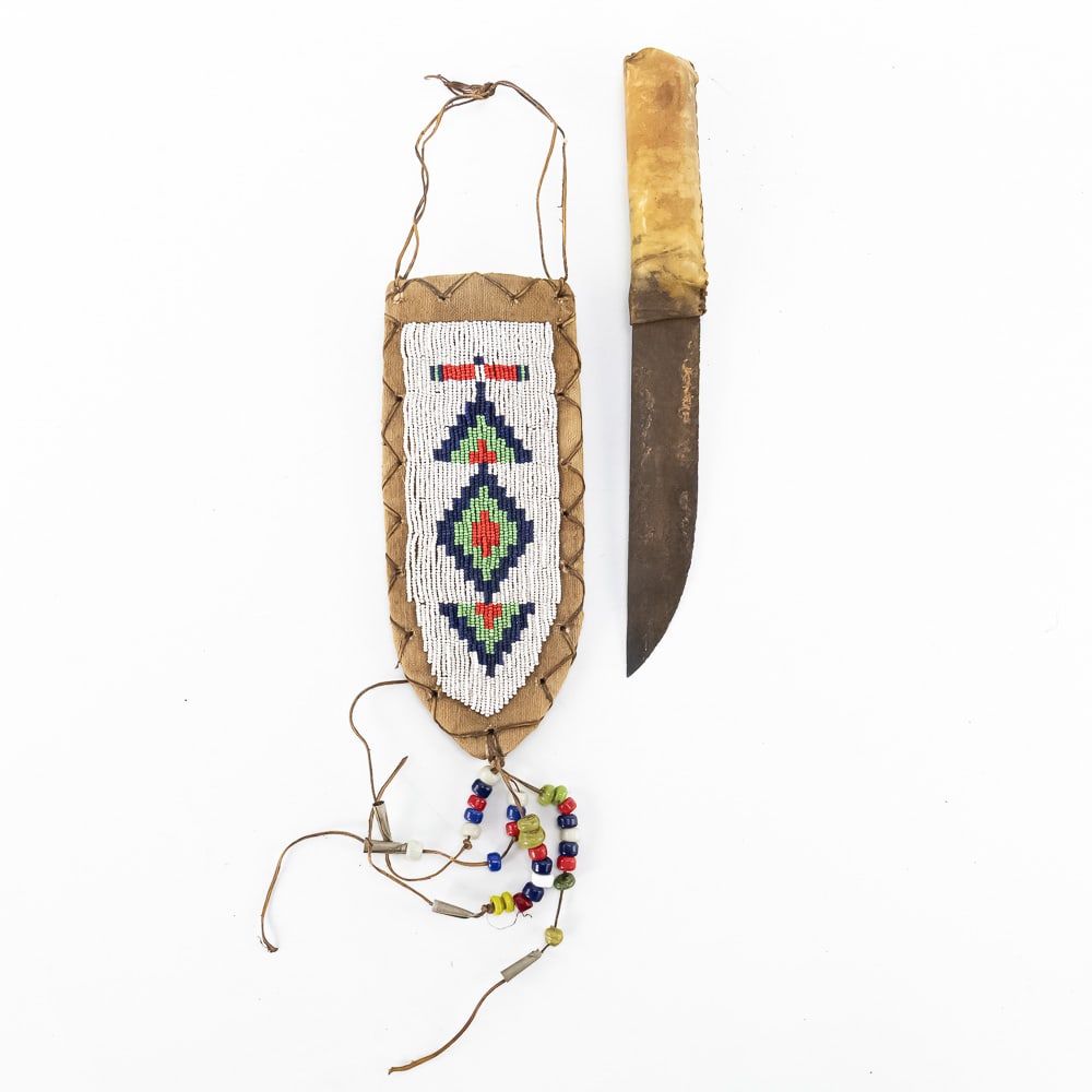 Contemporary Made Knife With Beaded Sheath: Contemporary made knife with beaded sheath. Perfect for display or re enactors. In VG condition. Measures 11" long.From the Wild West Town Union, IL collection