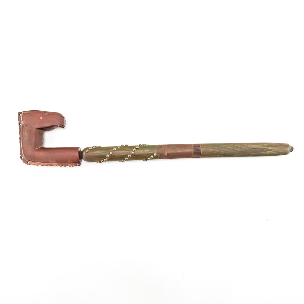 Northern Plains Pipe w/Horse Head Effigy Catlinite: This beautiful Northern Plains pipe, carved from sacred red Catlinite revered by the plains and woodland tribes alike, features an effigy bowl depicting a horse head looking back at the pipe smoker. I