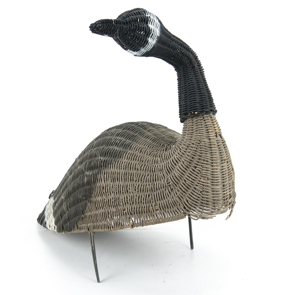 Vintage Woven Wicker Canada Goose Decoy: This is a charming vintage woven wicker Canada goose decoy, likely a mid-20th-century folk art or decorative piece rather than a functional hunting tool. The construction features a classic two-piece 