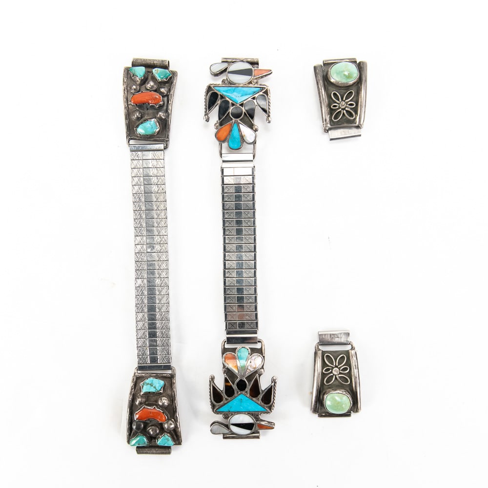 Southwestern Themed Sterling Watch Bands Ends: Collection showcases Southwestern inspired pair of stretch wrist watch bands; one features a pair of Sterling Thunderbird with turquoise and coral inlays the second watch band is perfectly accented