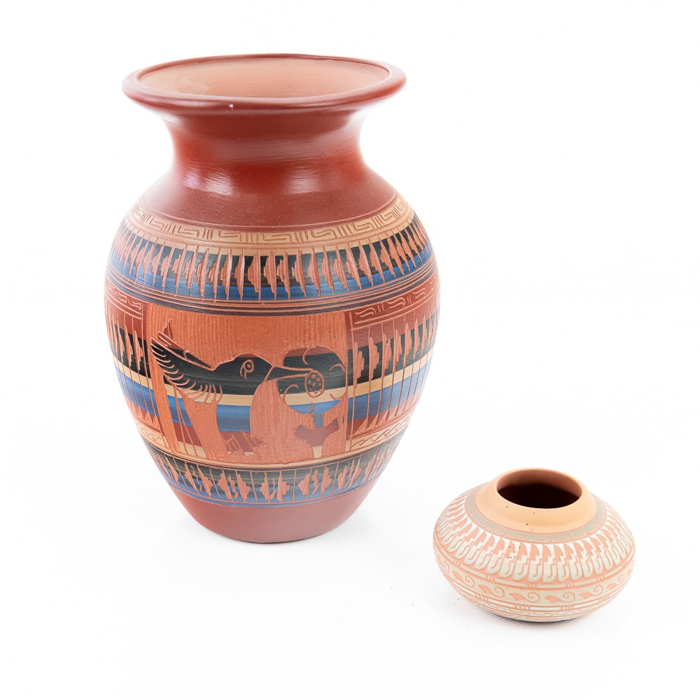 Navajo Pottery Pair: W. Johnson & Dennis: An excellent pairing of authentic Navajo etched pottery, showcasing traditional Southwest craftsmanship and sgraffito techniques. The larger vessel, signed W. Johnson, features intricate geometric