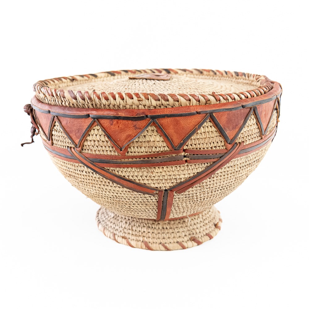 African Woven Basket with Leather Trim (1 of 9)