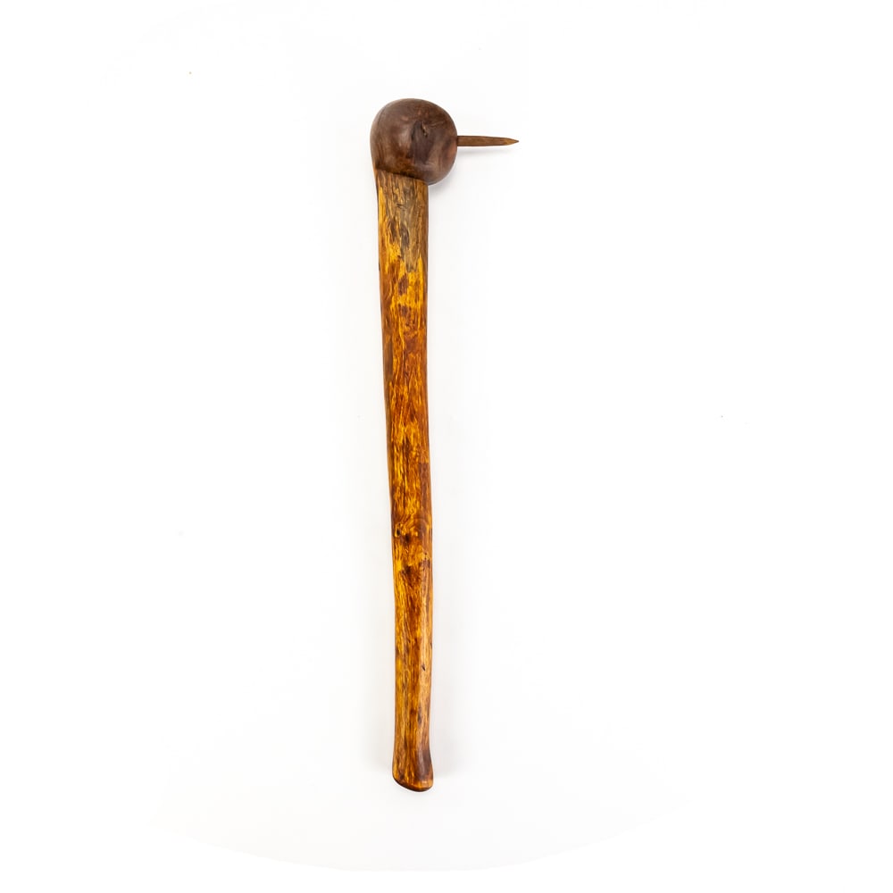 Carved Spiked Ball-Headed War Club: This primitive-style hand-carved wooden war club reflects a blend of traditional tribal influences, most closely mirroring the Eastern Woodlands ball-headed clubs of North America. The piece is