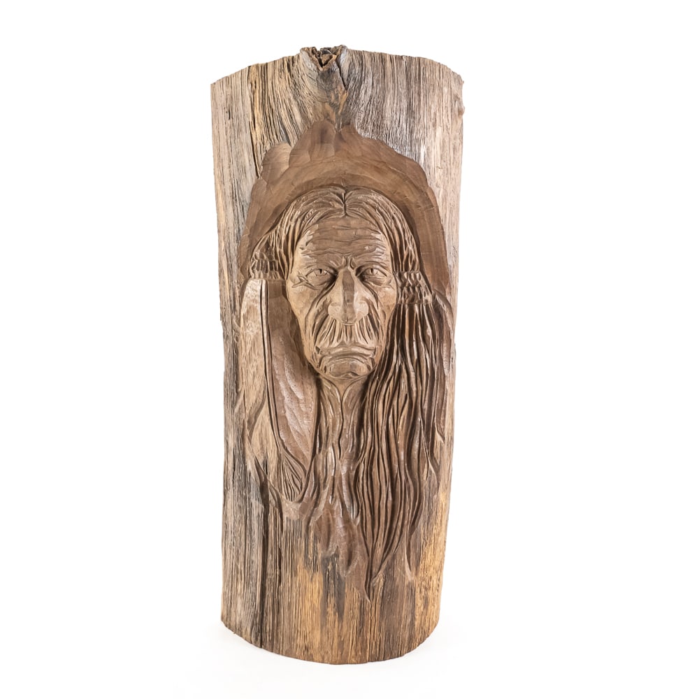 20" Hand Carved Native American Chief Tree Log: Vintage 20" hand carved wood Native American Chief tree bark log; unsigned. Presents perfectly with minimal cosmetic imperfections on the log, pre drilled holes on back for easy wall installation.