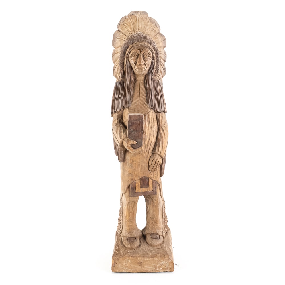 24" Hand Carved Native American Chief by Di Husky: Handsome 24" hand carved wooden "Native American Chief" statue signed Di Husky 98 on reverse. Impressive stance; presents very well. Perfect addition to your collection. Very good overall condition