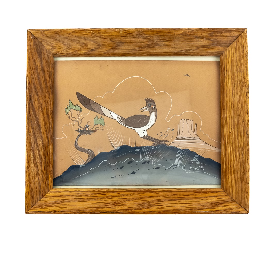 Painting by Navajo Artist Robert Chee-Signed: This framed painting by Robert Chee, Navajo artist (B. 1937 D. 1971), he was also known as Hashke-Yil-Cale. The painting depicts a Roadrunner in a desert landscape, with sparse vegetation, set