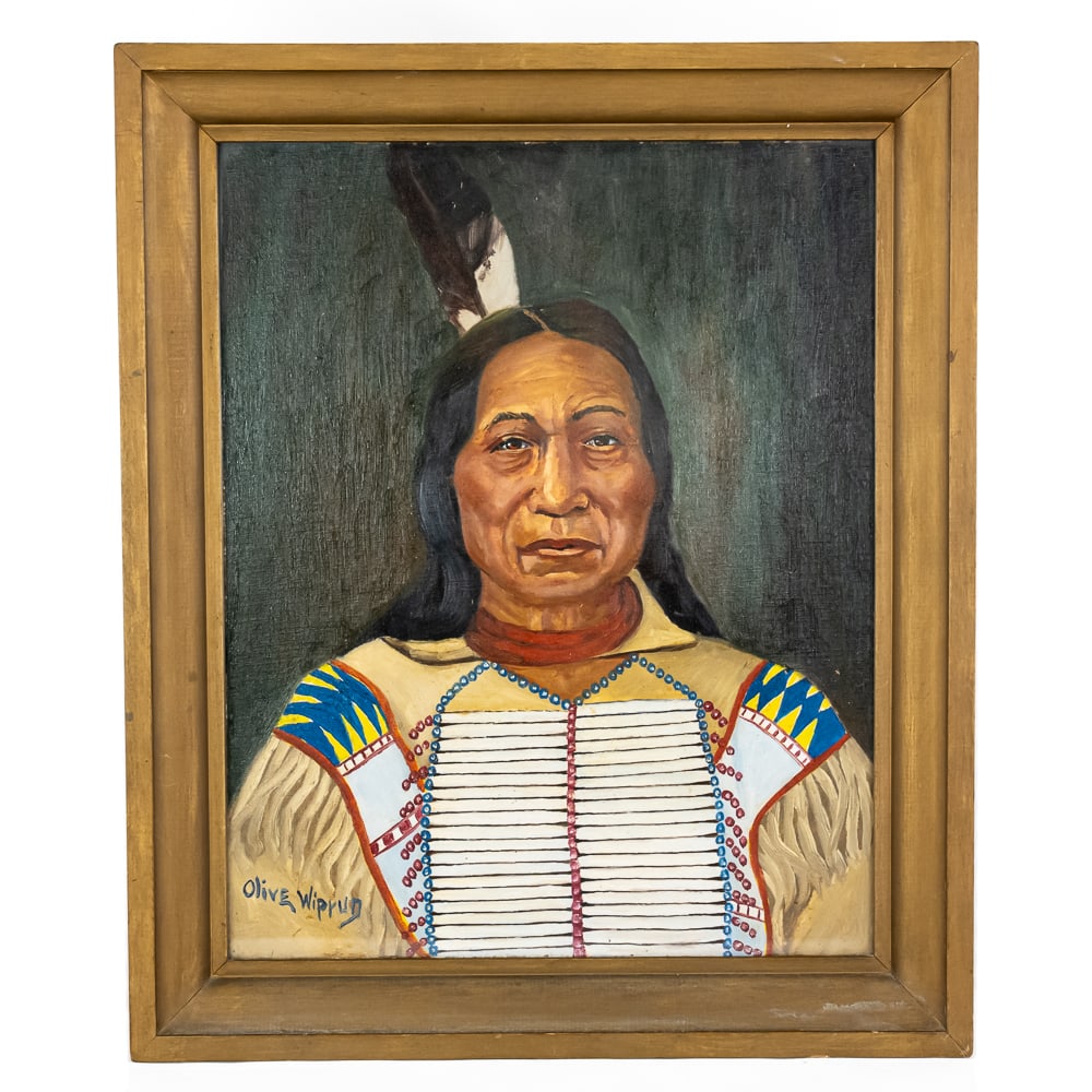 Chief Red Cloud Sioux Oil Painting: This is a compelling, mid-20th-century folk-style oil painting attributed to "Olive Wiprun," depicting the famed Oglala Lakota (Sioux) leader, Chief Red Cloud. The subject is clearly identified by a