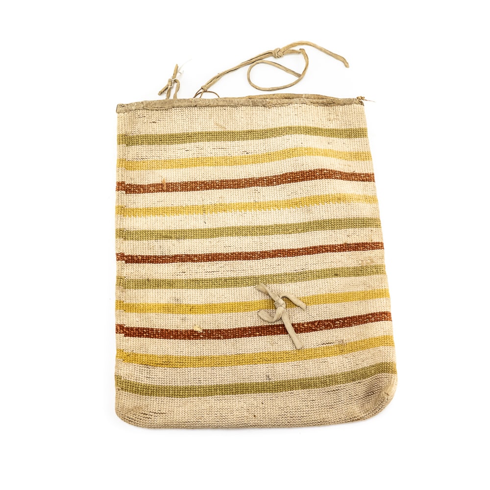 Great Lakes Twine Bag: This Great Lakes twine bag features horizontal stripes in alternating colors of sage, yellow and reddish brown. The bag is constructed from woven cotton or wool. It has a soft buckskin finished edge