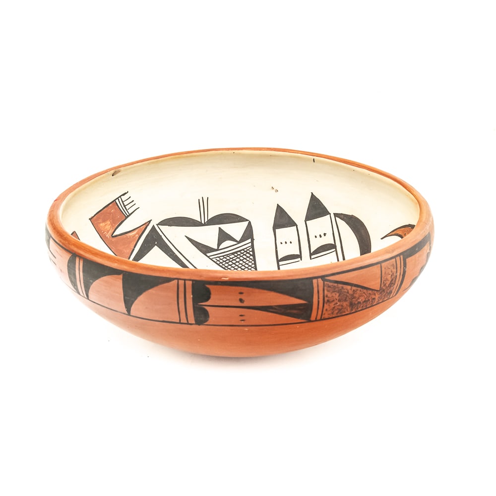 1970s Hopi Polychrome Piki Bowl-Signed: This Hopi polychrome Peaky bowl circa 1970s features a traditional design with modern flair. The bowl is hand coiled and traditionally fired. The interior of the bowl features an avian design and