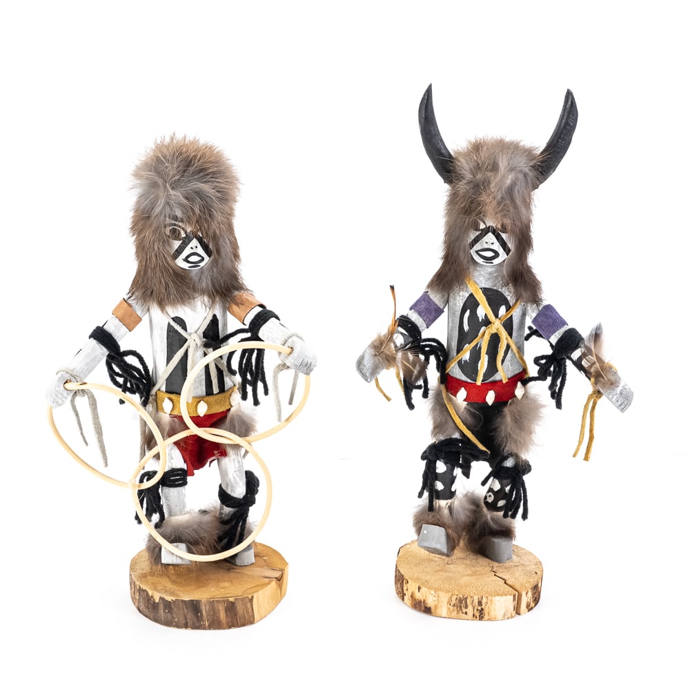 Pair of Hopi Katchina's: An exceptional pair of contemporary Native American style Kachina (Katsina) dolls handcrafted and signed on the base by the artist, "James." This striking duo includes a Buffalo Dancer figurine