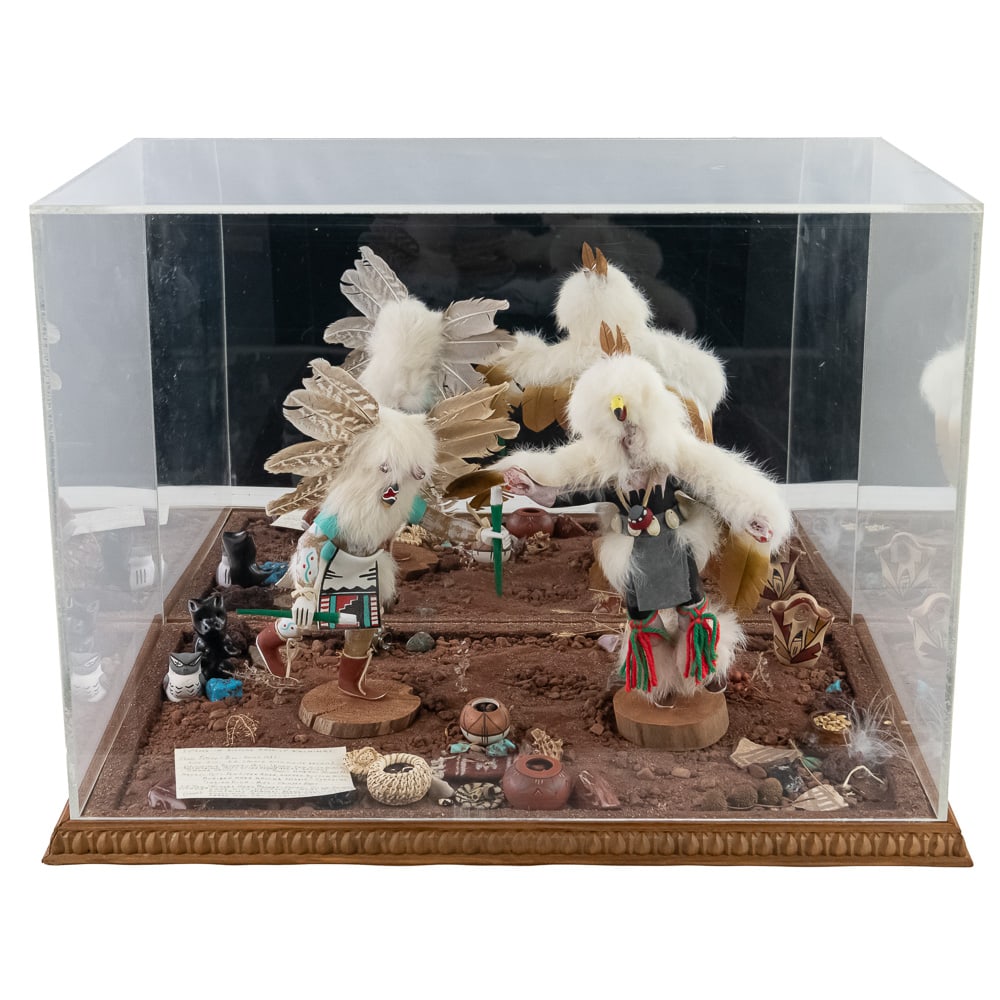Signed Kachina Doll Desert Diorama Scene: This expansive, artisan-crafted Southwest desert diorama beautifully showcases two distinct Navajo or Hopi-style Kachina (Katsina) dolls mounted on an elaborate, hand-adorned terrain base. As